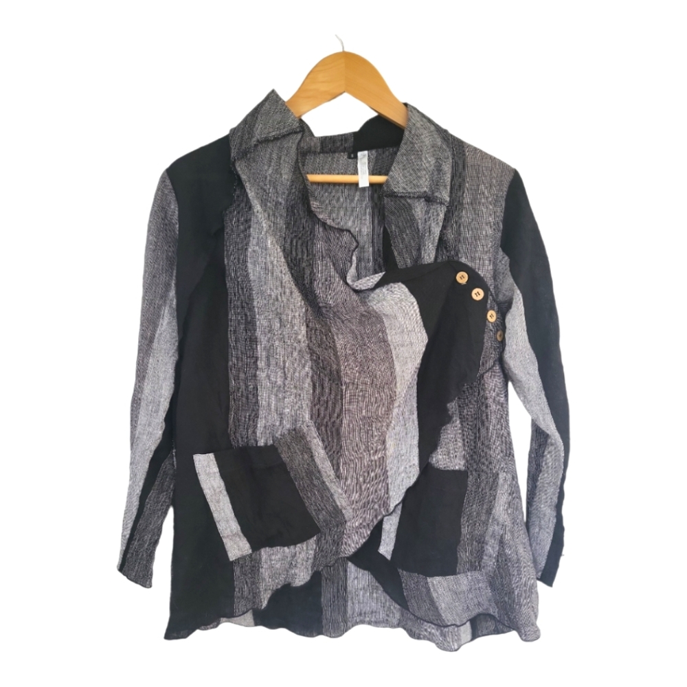 Ladies On Queen 100% Linen Gray Black Artisan Tunic Top S
